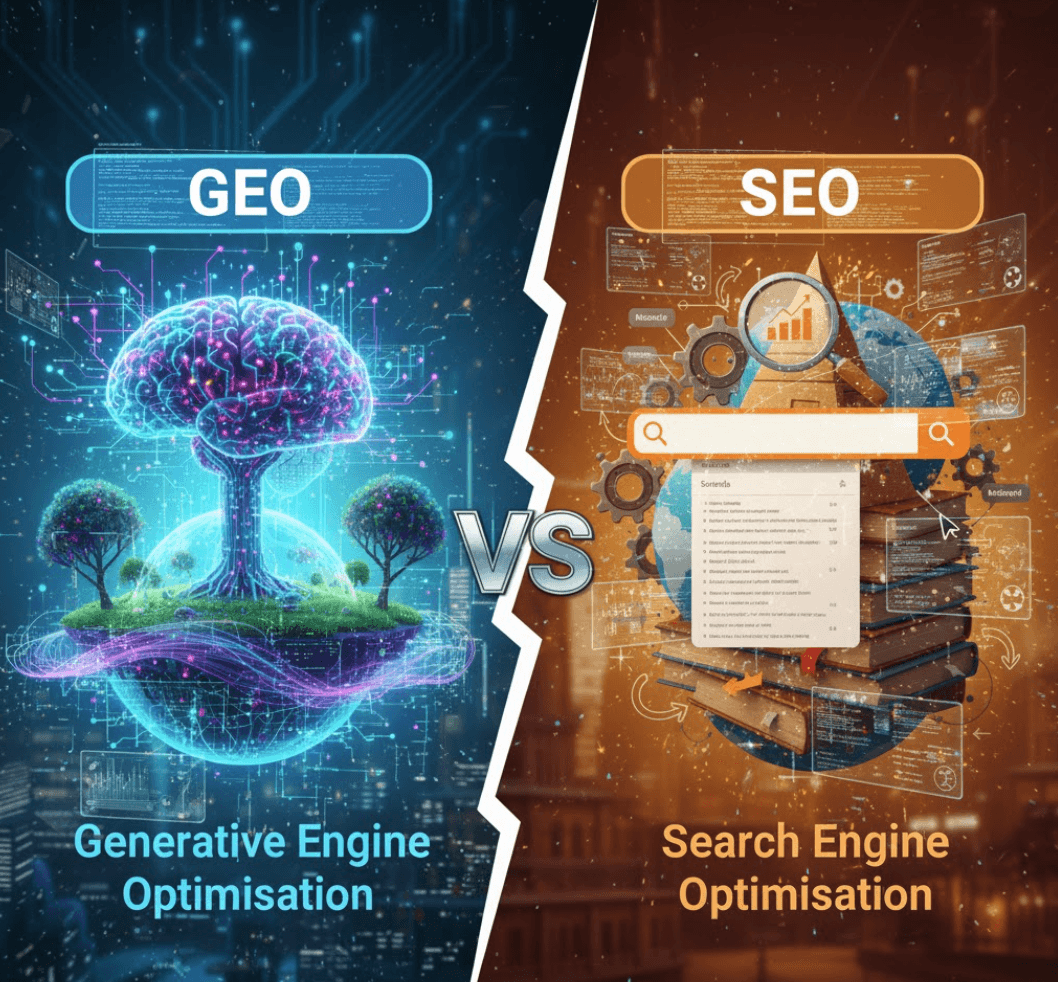 GEO vs SEO visual comparison: Generative Engine Optimisation (left, blue/purple futuristic AI theme) versus Search Engine Optimisation (right, orange/brown traditional search theme), symbolising the evolution from traditional search to AI-driven discovery.
