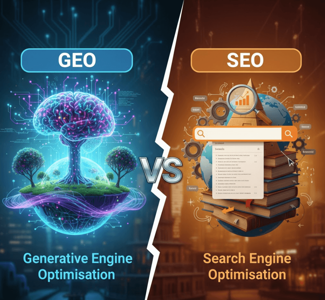 Detailed visual comparison of GEO vs SEO: Left side showcases Generative Engine Optimisation with futuristic blue/purple AI neural networks and organic growth on floating islands. Right side represents Search Engine Optimisation with warm orange/brown tones, traditional books, globes, magnifying glasses, and analytical tools - illustrating the evolution from keyword-based search to AI-driven discovery.